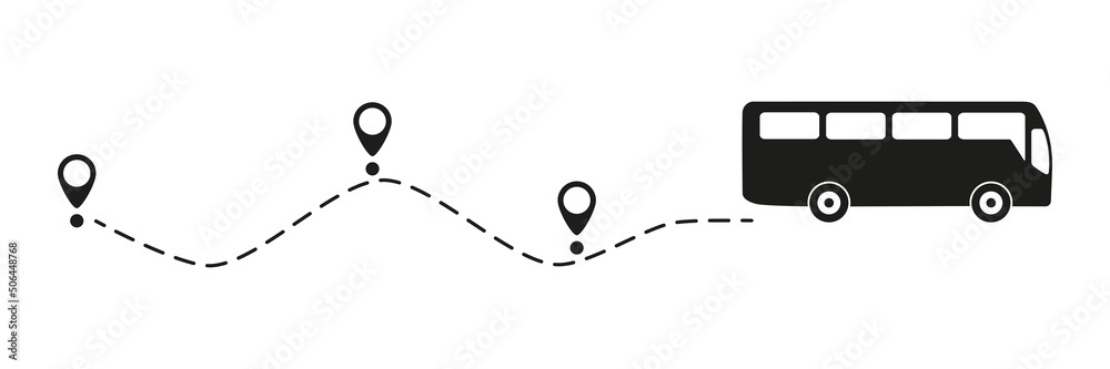 Wall mural bus icon with line start point. bus driving on dotted route with map pin. vector isolated on white.