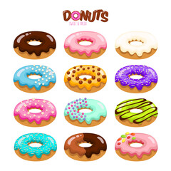 Colorful set of glazed donuts with caramel and sweets. Donuts vector set isolated on a  white background in a modern flat style. Vector illustration