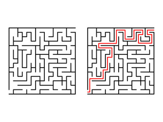 Labyrinth logic game way set. Maze challenge with red line route hint. Find right way. Square jigsaw for children books and magazines. Vector isolated on white background. 