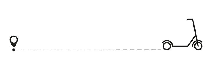 Scooter icon with line start point. Eco scooter driving on dotted route with map pin. Vector isolated on white.