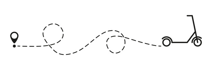 Scooter icon with line start point. Eco scooter driving on dotted route with map pin. Vector isolated on white. © Віталій Баріда