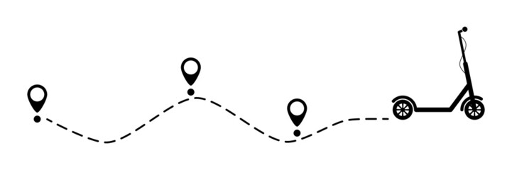 Scooter icon with line start point. Eco scooter driving on dotted route with map pin. Vector isolated on white. © Віталій Баріда