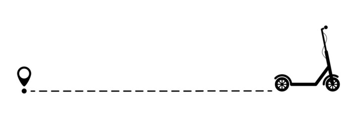 Scooter icon with line start point. Eco scooter driving on dotted route with map pin. Vector isolated on white.