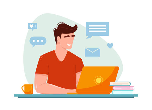 Man with laptop, education or work concept. Desk  with books and coffee cup. Time or project management. Male cartoon character. Vector cute Illustration.