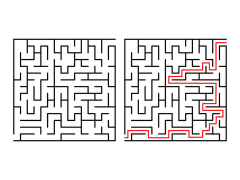 Labyrinth logic game way set. Maze challenge with red line route hint. Find right way. Square jigsaw for children books and magazines. Vector isolated on white background. 