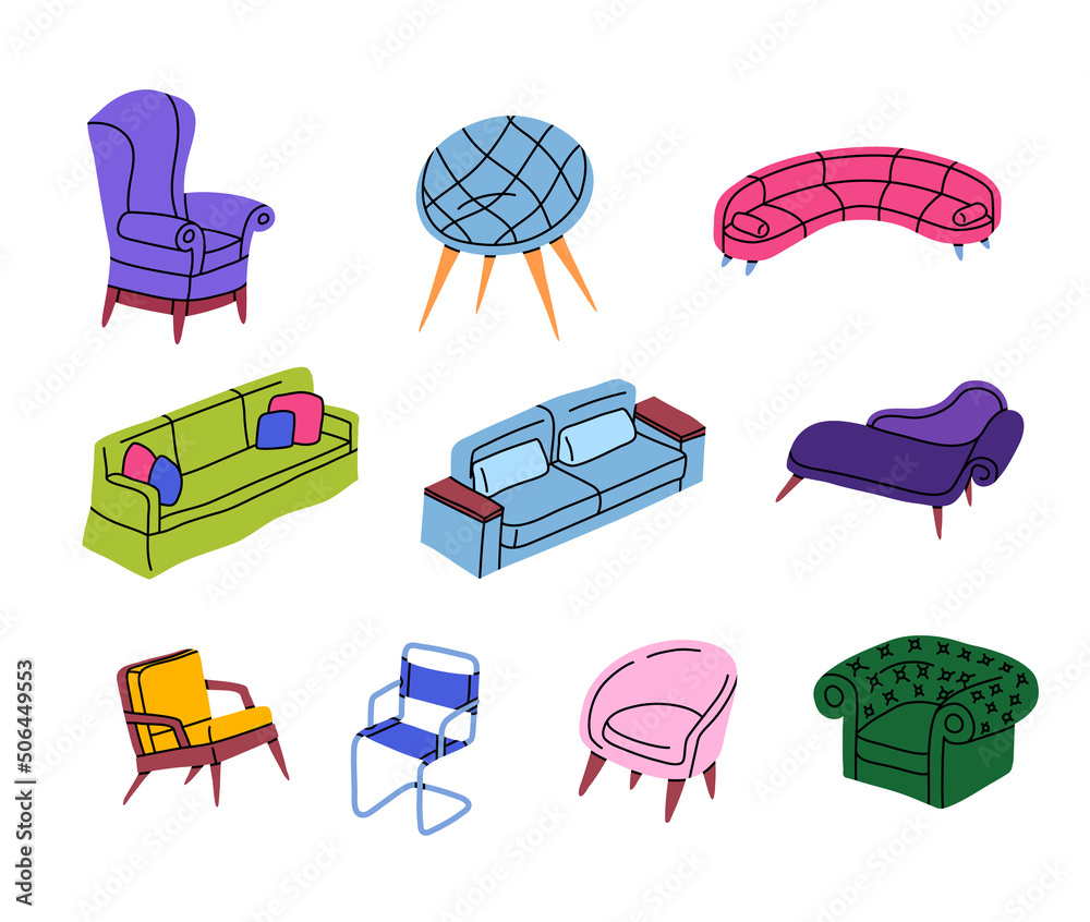 Canvas Prints Cartoon Color Chair, Sofa and Couch Icons Set Interior Furniture Concept Flat Design Style. Vector illustration of Icon