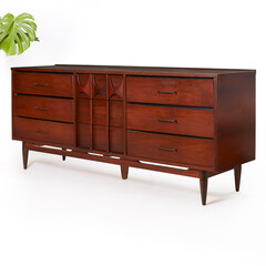 Gorgeous Mid-century Modern Nine Drawer Dresser. Atomic retro wood furniture. Furniture on white...