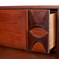 Vintage Mid-Century 4 drawer Modern Gentleman's chest. Atomic retro wood dresser. Drawer detail. 