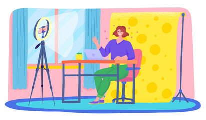 Cartoon Color Character Girl and Live Streaming Broadcast Concept Flat Design Style. Vector illustration of Blogger