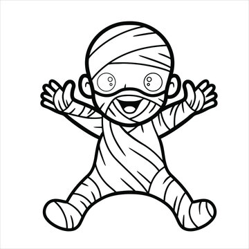 Cute little boy mummy cartoon waving hand vector image, mummy illustration , coloring book page for kids.