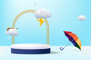 Product podium design for monsoon  season surrounded with monsoon elements