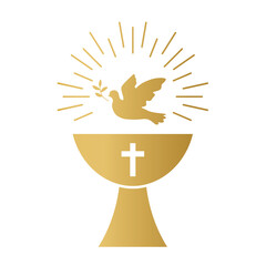 golden baptismal font and dove with olive branch, Holy Spirit symbol- vector illustration - obrazy, fototapety, plakaty