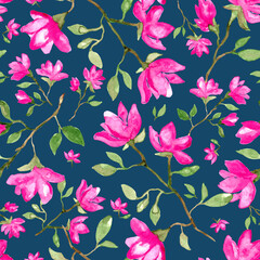 Seamless pattern with pink magnolia flowers blossom - watercolor painting on navy blue background © justesfir