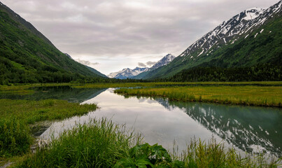 Naklejka na ściany i meble Mountain reflection in lake, Tern Lake, Alaska 