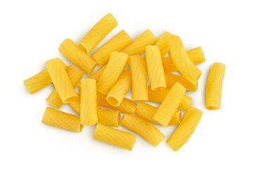 raw italian Rigatoni pasta isolated on white background with clipping path and full depth of field. Top view. Flat lay