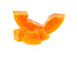 Pieces of papaya on white background