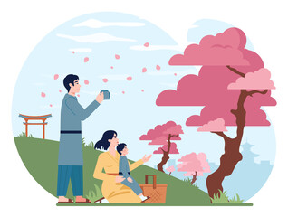 Happy asian family enjoying traditional festivities. Characters wearing