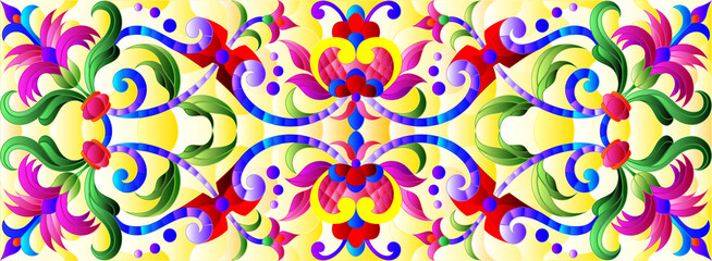 Illustration in stained glass style with abstract  swirls,flowers and leaves  on a yellow background,horizontal orientation