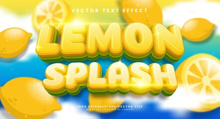 Lemon splash 3d editable text effect with yellow color, suitable for tropical fruit concept.