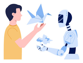 Robot concept. Futuristic character try to create art. Humanoid communicate