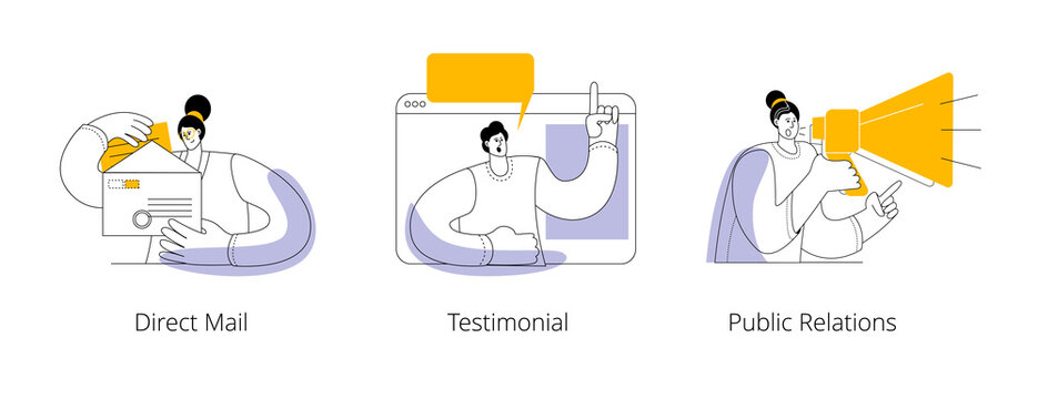 A set of illustrations on the topic of promotion channels in marketing and advertising. Vector illustrations for a mobile application.