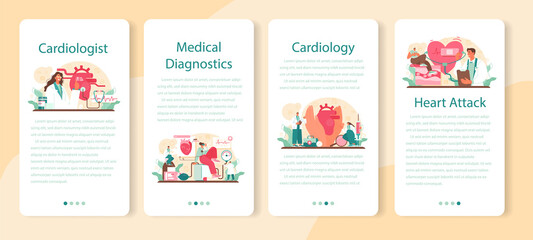 Cardiologist mobile application banner set. Idea of heart medical diagnostic