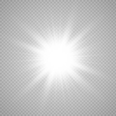 Special lens flash, light effect. The flash flashes rays and searchlight. illust.White glowing light. Beautiful star Light from the rays. The sun is backlit. Bright beautiful star. Sunlight. Glare.	