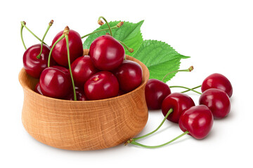red sweet cherry in wooden bowl isolated on white background with clipping path and full depth of field