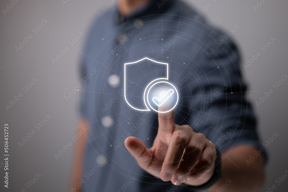 Poster businessman pushing identity proving icon for security protection systems on screen for certified gu