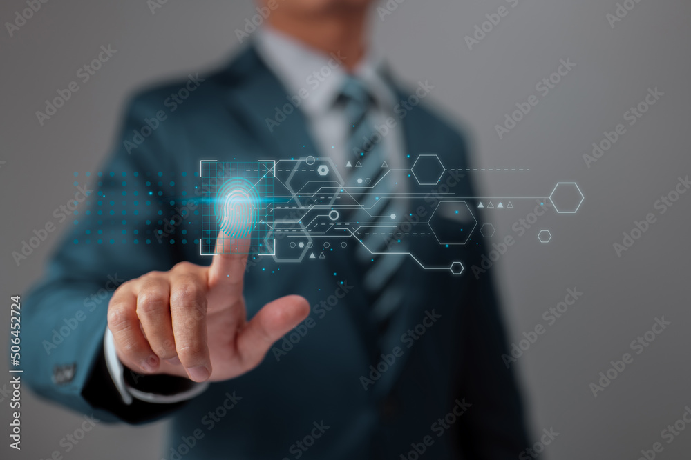 Poster Biometrics identification and fingerprint scanning enable security access. Business technology security internet network concept.