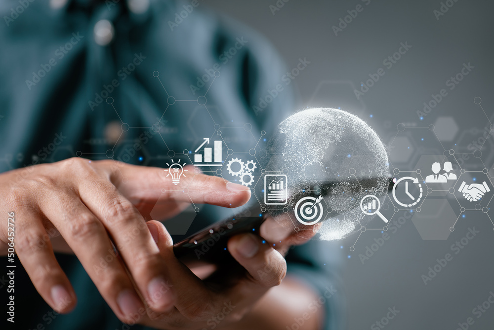 Aufkleber a businessperson with a smartphone. finance and banking, digital link technology, and big data are a