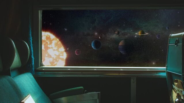 Spaceship Space Travel Window View of Planets In Solar System. Window view of planets in solar system from spaceship traveling through space