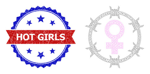 Triangular female jail model illustration, and bicolor grunge Hot Girls seal stamp. Mesh wireframe illustration designed with female jail icon.