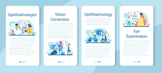 Ophthalmologist mobile application banner set. Idea of eyesight check