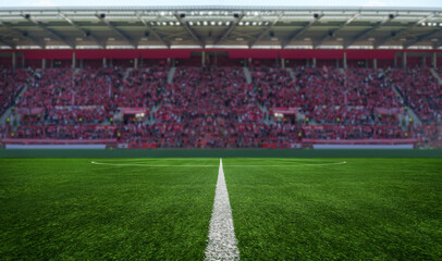 Fototapeta premium green field in soccer stadium. ready for game in the midfield