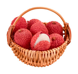 Fototapeta na wymiar lychee fruit in wicker basket isolated on white background with clipping path and full depth of field