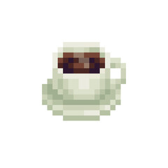 Hot Beverage. Coffee cup icon. Pixel art style. 8-bit. Sticker design. Isolated vector illustration.