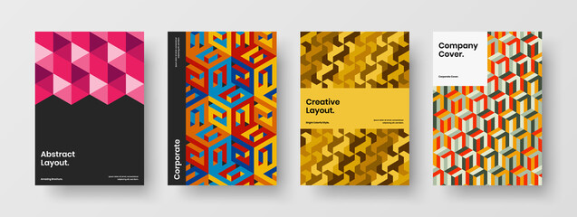 Fototapeta premium Unique magazine cover design vector layout bundle. Colorful geometric tiles banner concept set.