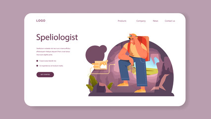 Speleologist web banner or landing page. Scientst exploring deep