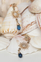 Earrings product shot. Golden vintage earrings on marine shell background. Jewelry fashion photography.	