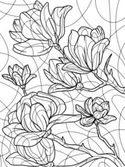 Coloring book flowers, magnolia. Black stroke, white background.