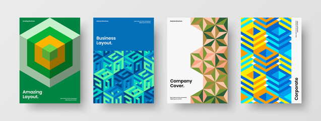 Colorful company identity A4 design vector illustration composition. Multicolored mosaic tiles corporate brochure template bundle.