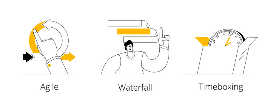 A man with a laptop runs along the arrow. Vector illustration on the topic of agile methodology.