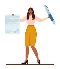 Native American businesswoman with contract paper. Character