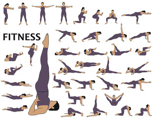 Colored vector silhouettes of woman practicing fitness and yoga. Collection of vector illustrations of sportive girl in costume doing exercises and work out. Healthy lifestyle concept. Fitness icons.