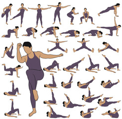 Big set of colored vector silhouettes of woman practicing fitness and yoga. Illustrations of girl in costume doing exercises and stretching in different poses isolated on white background. 