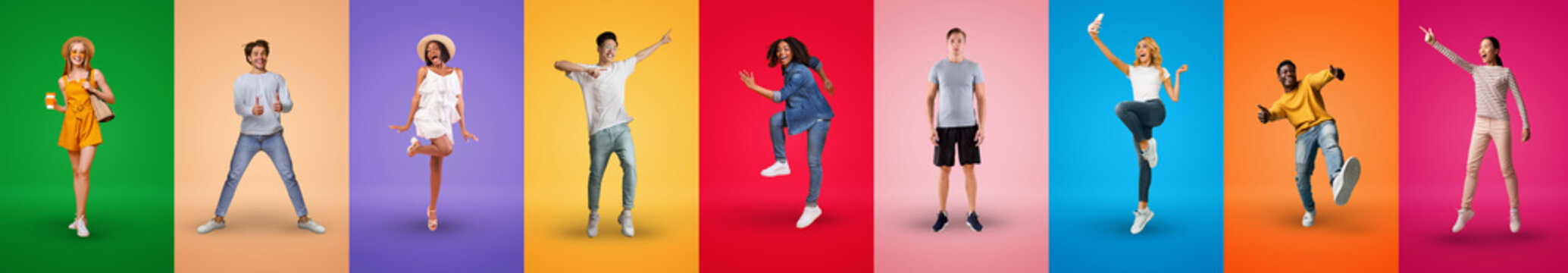 Multiracial millennials posing on colorful backgrounds, collection of studio photos