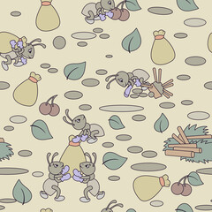 Seamless pattern, insect ants workers prepare food color. Bed linen and wallpapers for children.