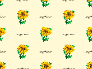 Sunflower cartoon character seamless pattern on yellow background. Pixel style