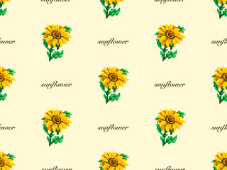 Sunflower cartoon character seamless pattern on yellow background. Pixel style